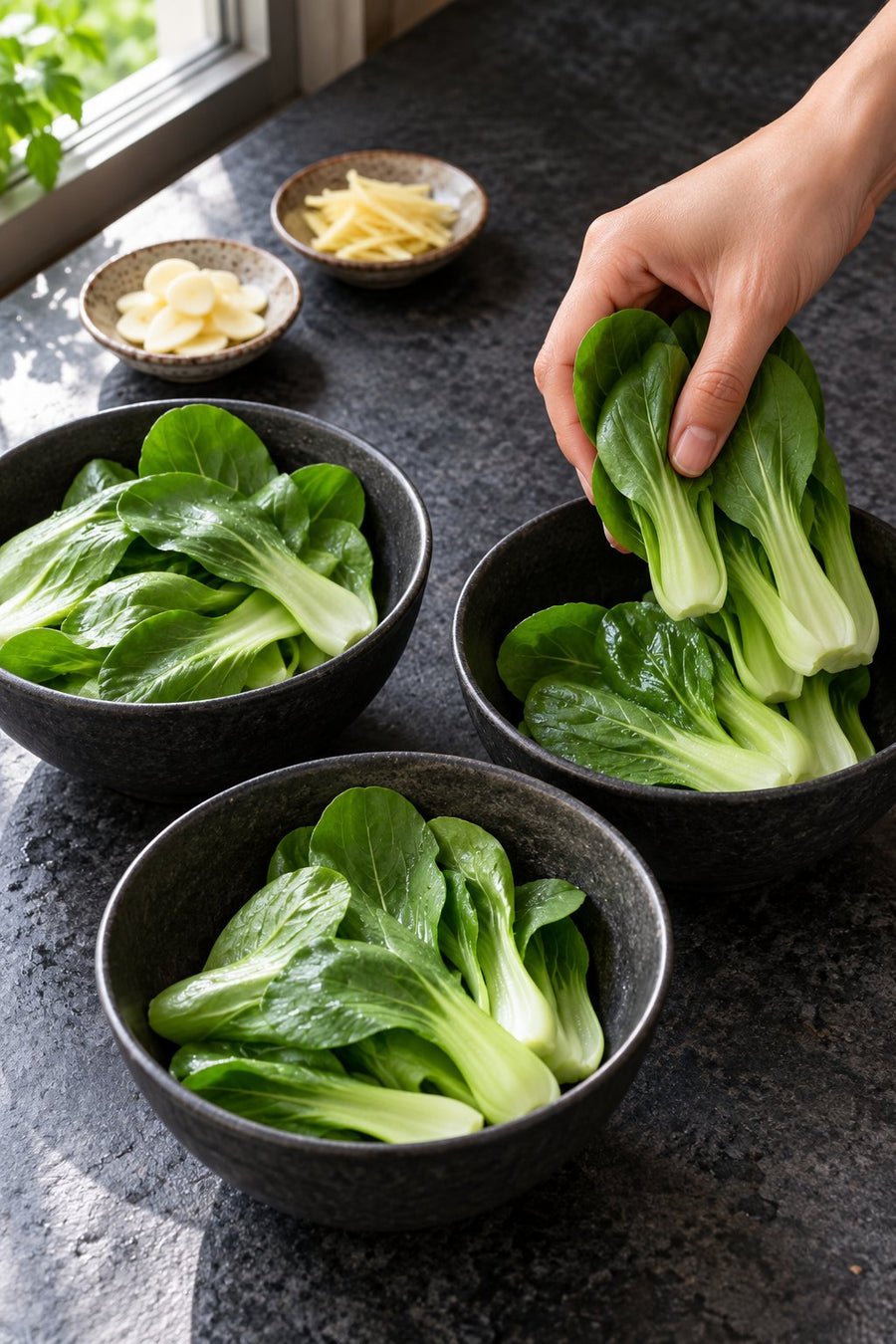 Bok Choy 3 Ways: Garlic Stir-Fry, Ginger Steam & Sesame Soy, step 2: Divide the trio