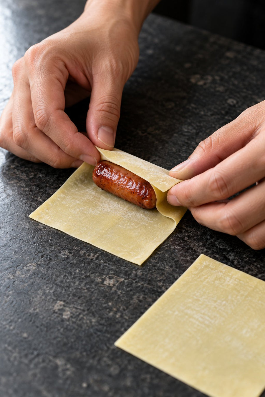 Crispy Wonton-Wrapped Sausages with Tianfu Taiwanese Sausage, step 3: Wrap one thin layer
