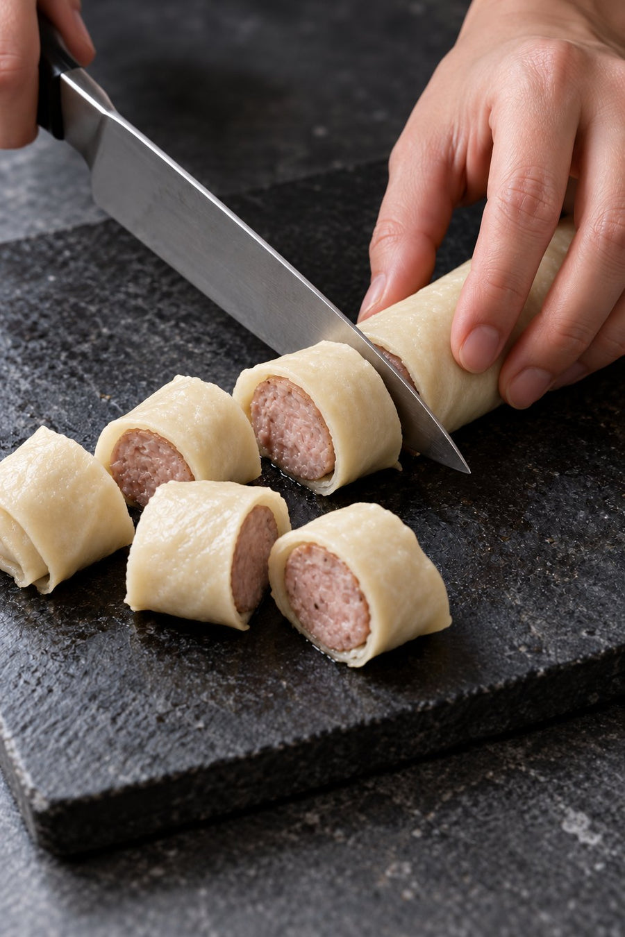 Crispy Wonton-Wrapped Sausages with Tianfu Taiwanese Sausage, step 5: Cut into bites
