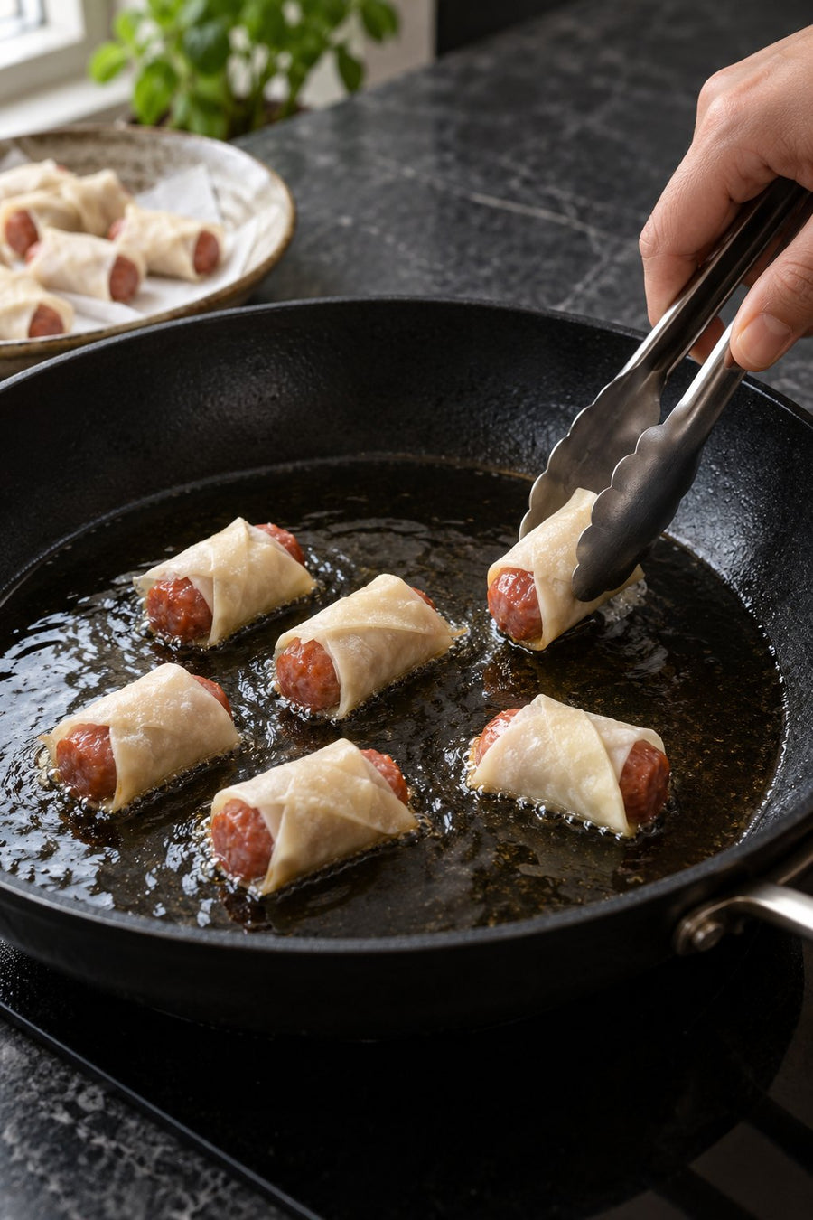 Crispy Wonton-Wrapped Sausages with Tianfu Taiwanese Sausage, step 6: Shallow-fry in small batches