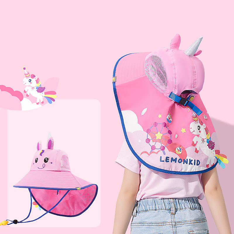 Lemonkid Children's Sun Hat with 3D Design - Pink Purple Magic Unicorn (Small) with Extra Wide Brim and Whistle