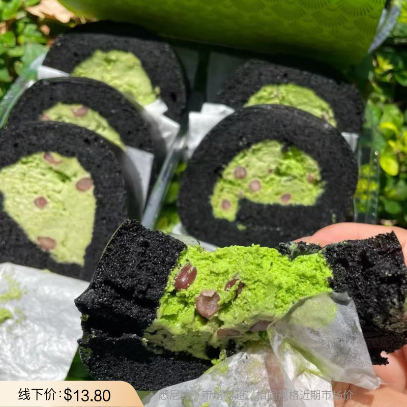 Fine-Dessert-Sydney-Matcha-&-Red-Bean-Black-Cocoa-Roll-Cake-–-6-Pieces,-330g---Matcha-Swiss-Roll-with-Adzuki-Beans-1