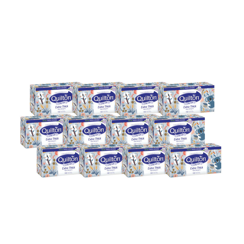 Quilton-Extra-Thick-3-Ply-Hypoallergenic-Facial-Tissues-–-110-Sheets-per-Box,-Pack-of-12-1