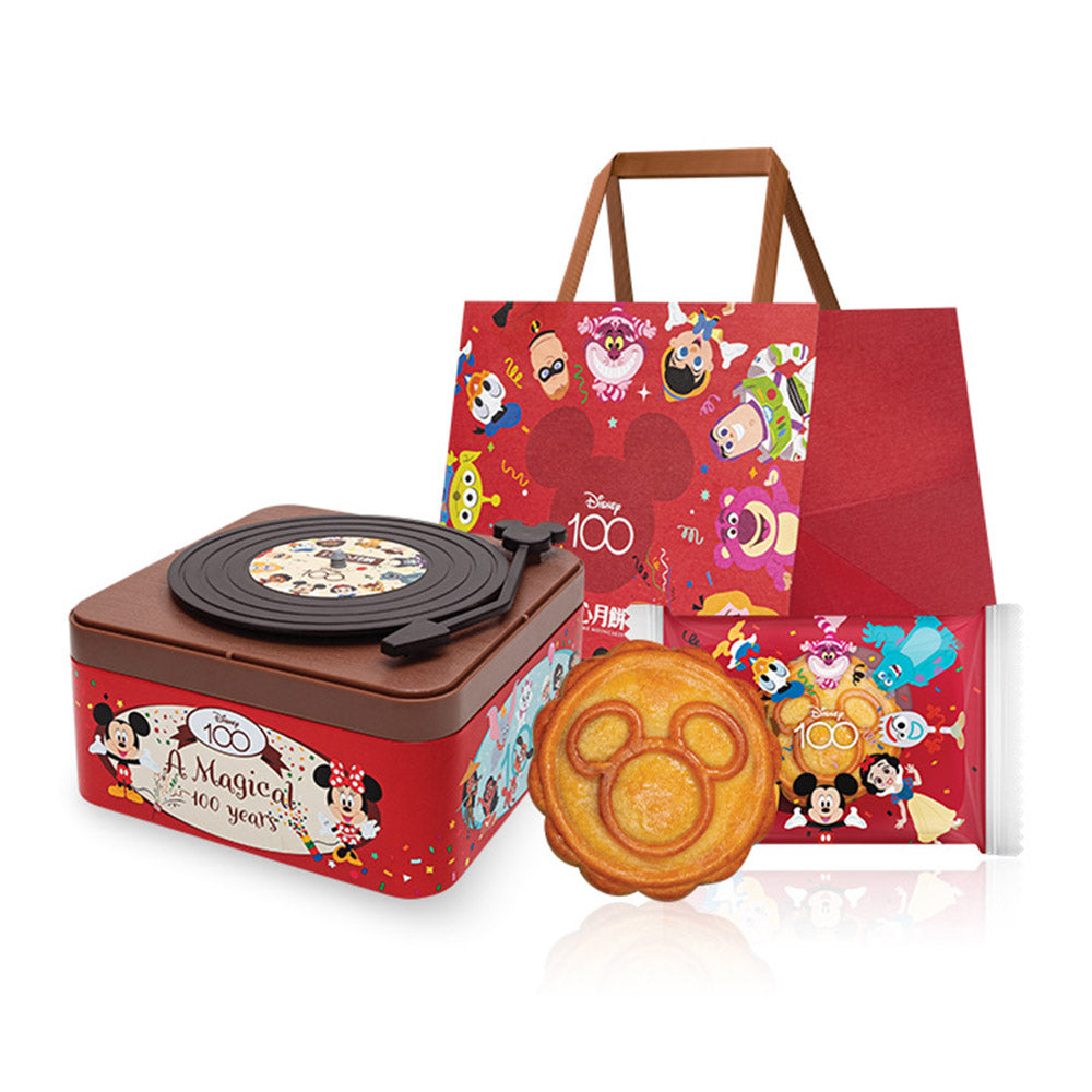 Hong-Kong-MX-Disney-100th-Anniversary-Vinyl-Record-Player-Mooncake-Gift-Box---4-Pieces,-750g-1