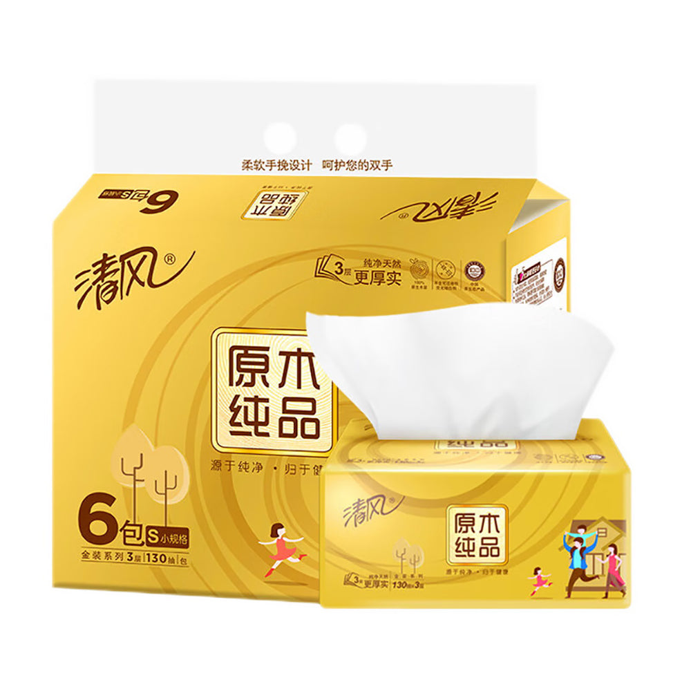 Qingfeng-Gold-Series-Natural-Wood-Pulp-Tissues---3-Ply,-130-Sheets-x-6-Packs-1