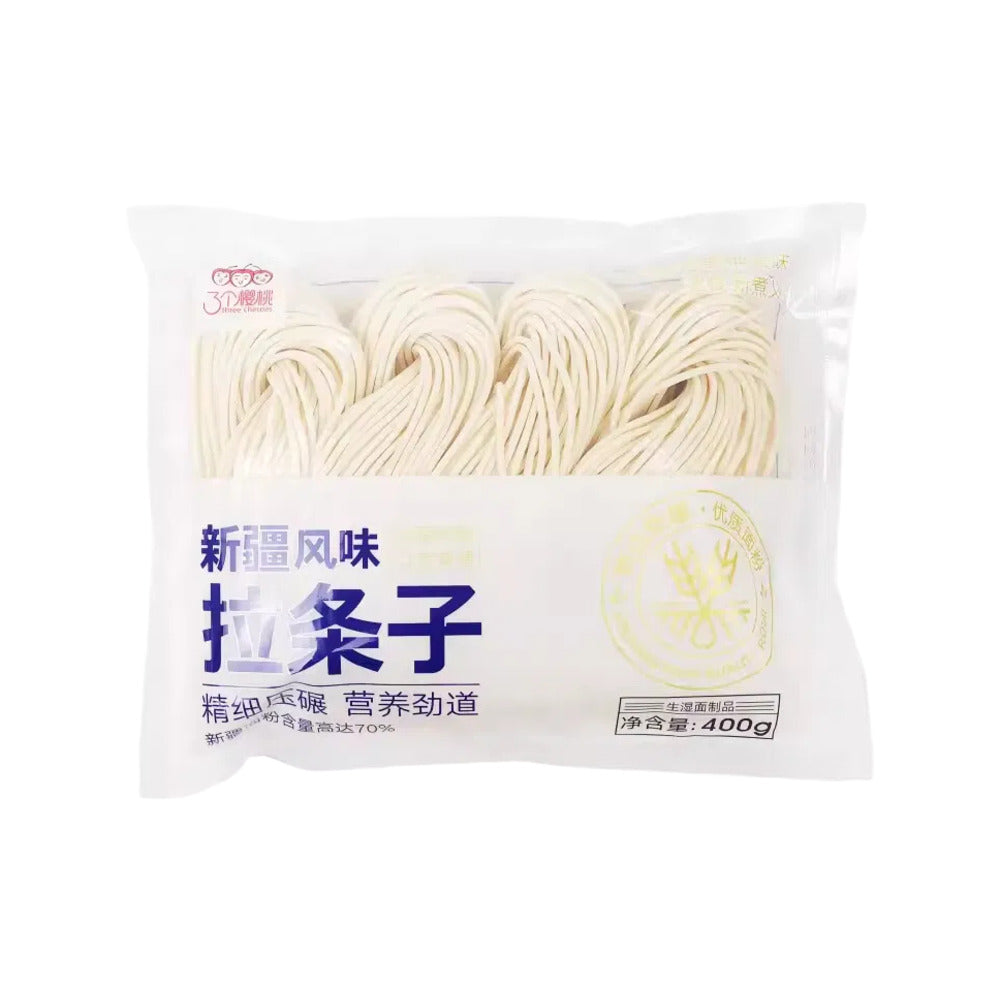 Three-Cherries-Xinjiang-Latiaozi-Hand-Pulled-Fresh-Wheat-Noodles-400g-–-Traditional-Flat-Noodles-1