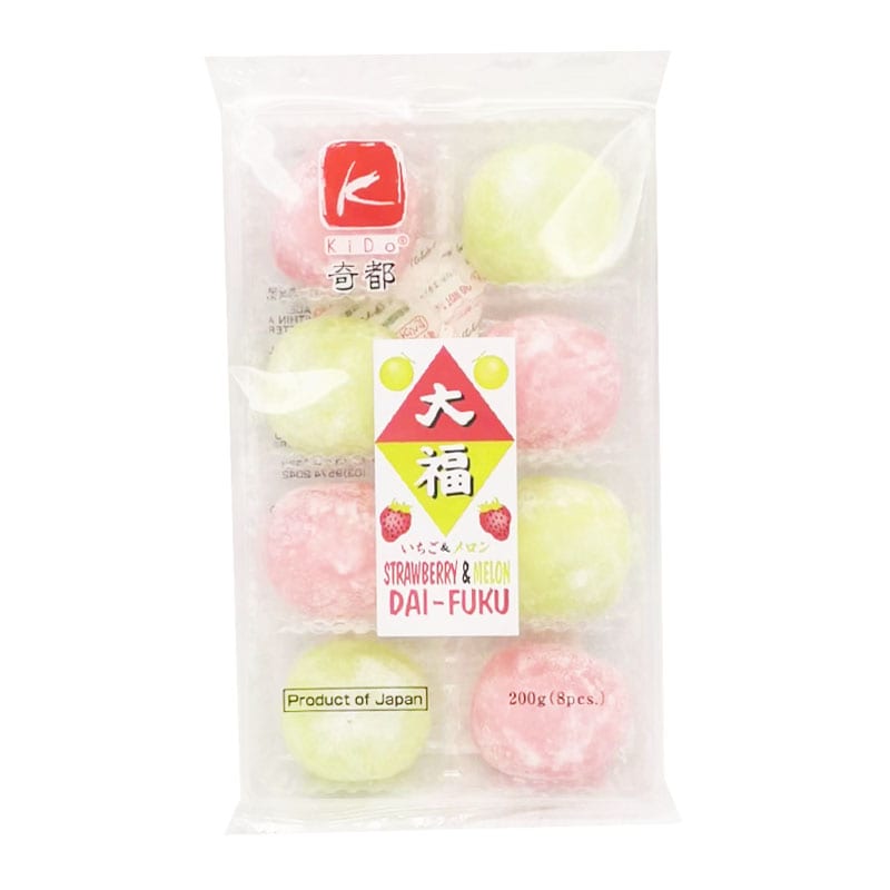 Kido-Japanese-Daifuku-Mochi---Strawberry-&-Melon-Flavor,-8-Pieces,-200g-1