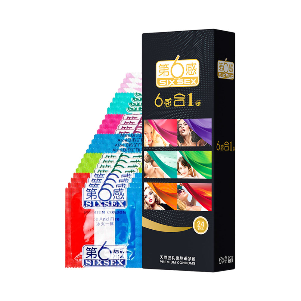 Six-Sex-6-in-1-Assorted-Condoms,-Natural-Rubber-Latex---24-Pack---Variety-Pack-with-Aloe,-Ice-&-Fire-1