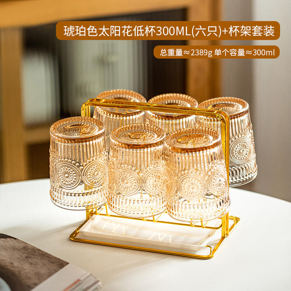 Modern-House-Amber-Sunflower-Low-Glasses-300ml---Set-of-6-with-Rack-1