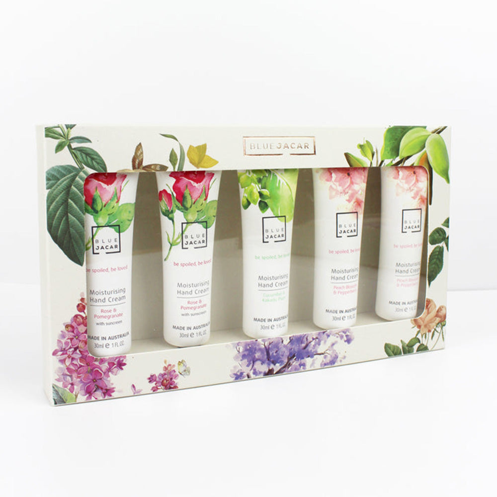 Blue-Jacar-Hand-Cream-Gift-Set---Rose,-Cucumber-&-Peach-Scents-(5-Tubes)-1