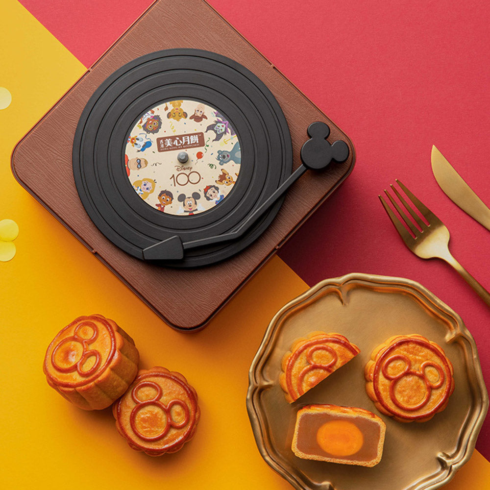 Hong-Kong-MX-Disney-100th-Anniversary-Vinyl-Record-Player-Mooncake-Gift-Box---4-Pieces,-750g-1