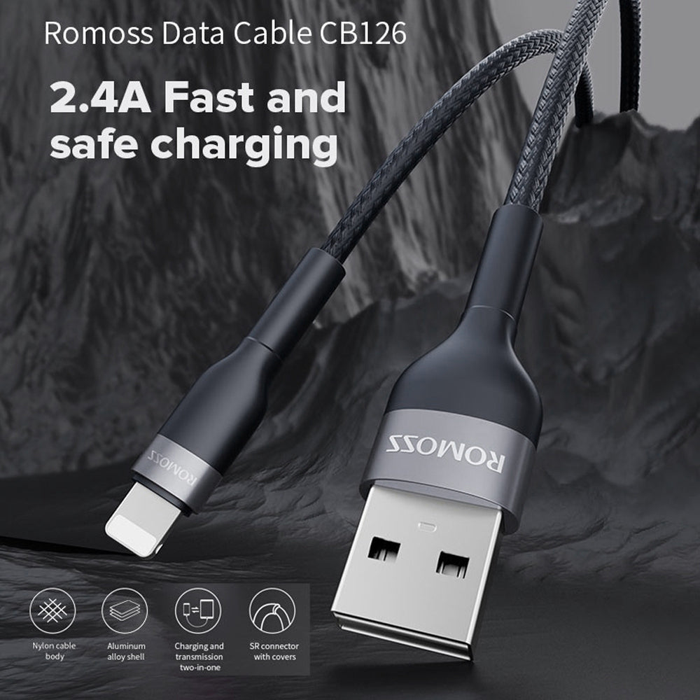 Romoss-USB-to-Lightning-2.4A-Data-Cable-1m---Black-1