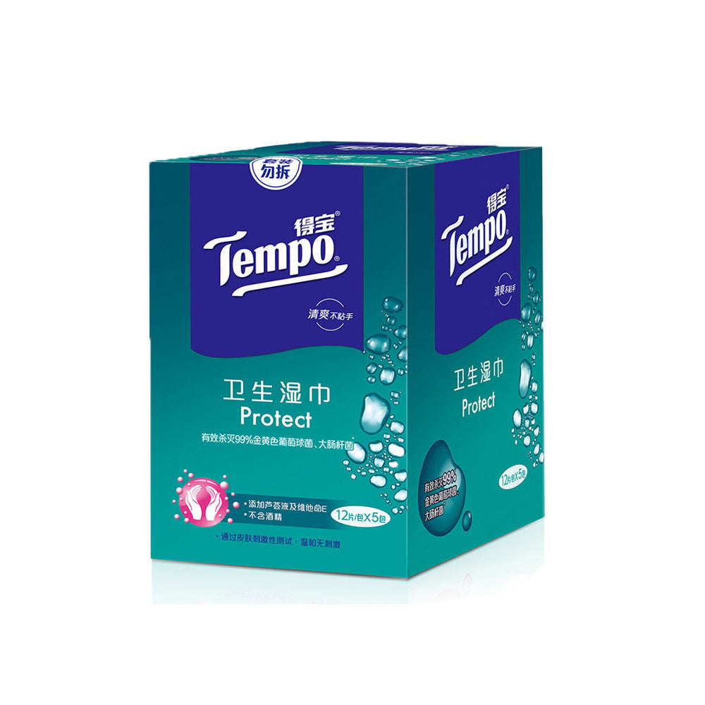 Tempo Antibacterial Wet Wipes - 12 Sheets x 5 Packs