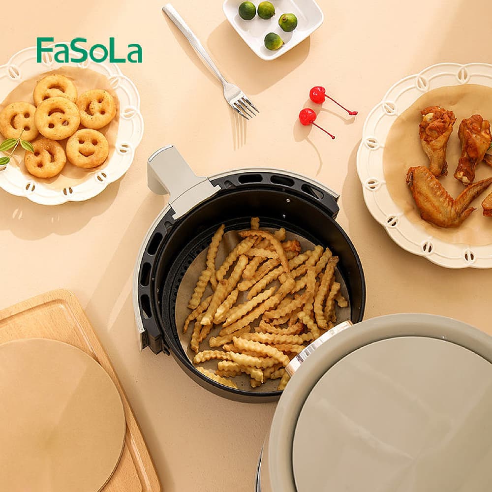 FaSoLa-Air-Fryer-Paper-Liners---Round,-Natural-Wood-Color,-20cm-Diameter,-50-Pieces-1