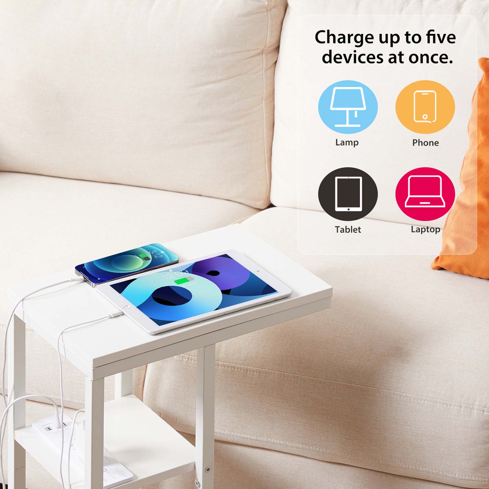 Casadiso Sofa Side Table with Australian Charging Station Narrow Bedside Table with Powerboard C-Shaped Coffee Table with USB C Fasting Charging (Mintaka)