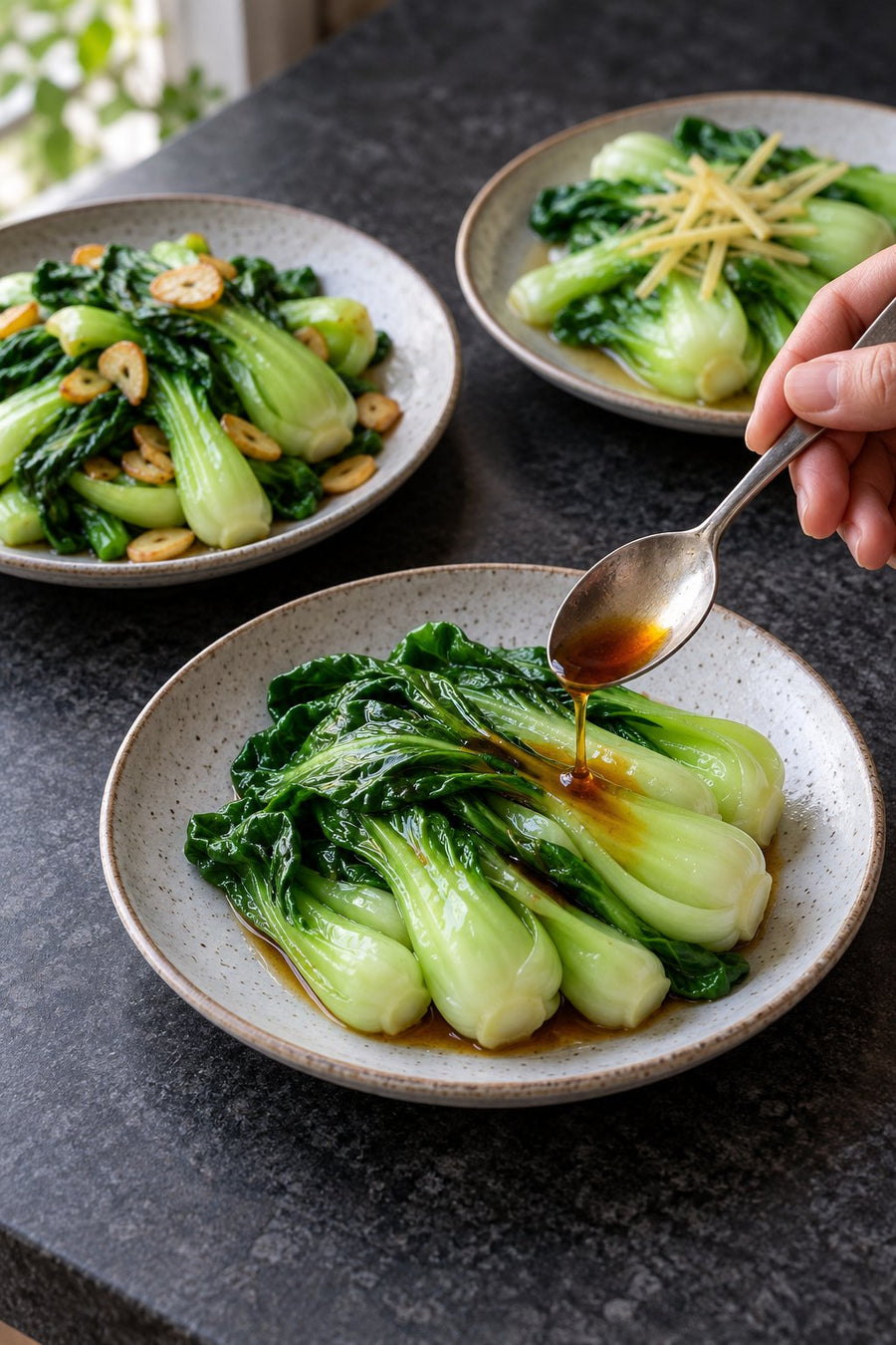 Bok Choy 3 Ways: Garlic Stir-Fry, Ginger Steam & Sesame Soy, step 8: Dress and serve