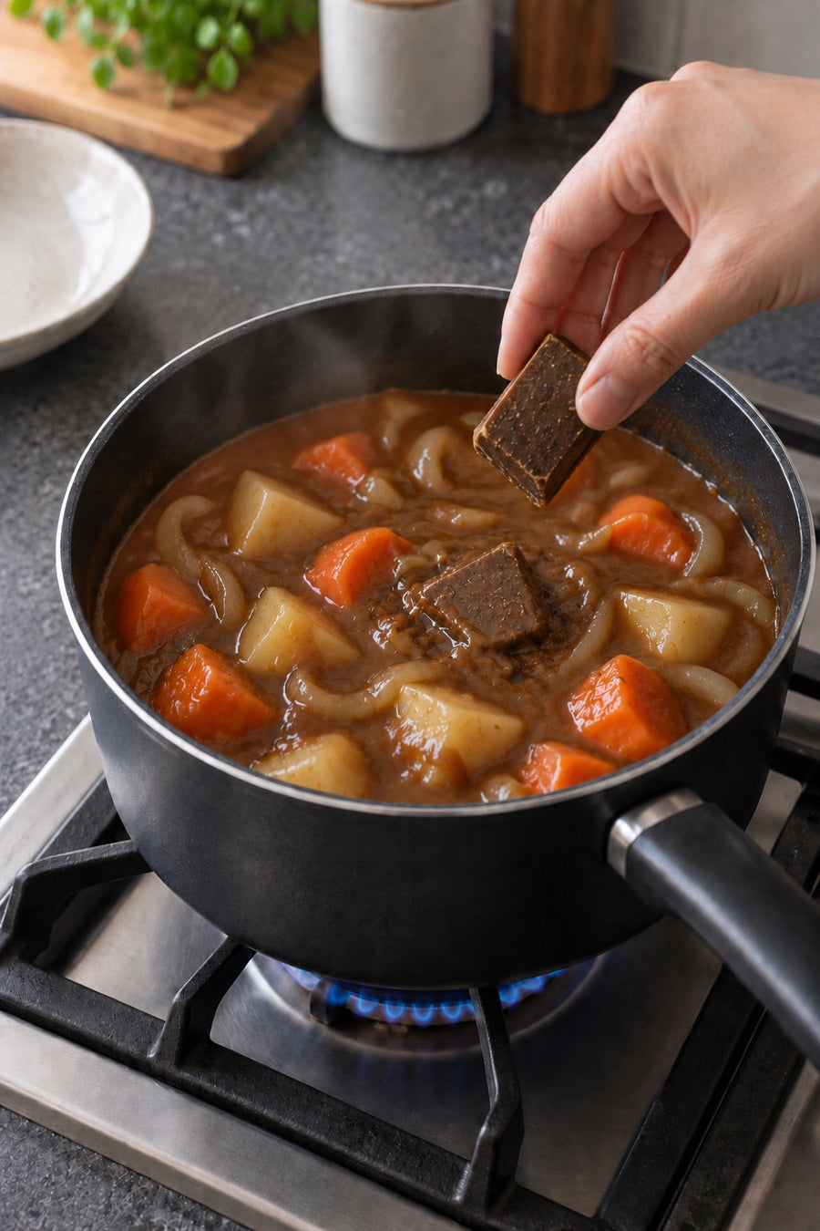 Chicken Katsu Curry, Japanese Home Style, step 4: Melt in the curry roux