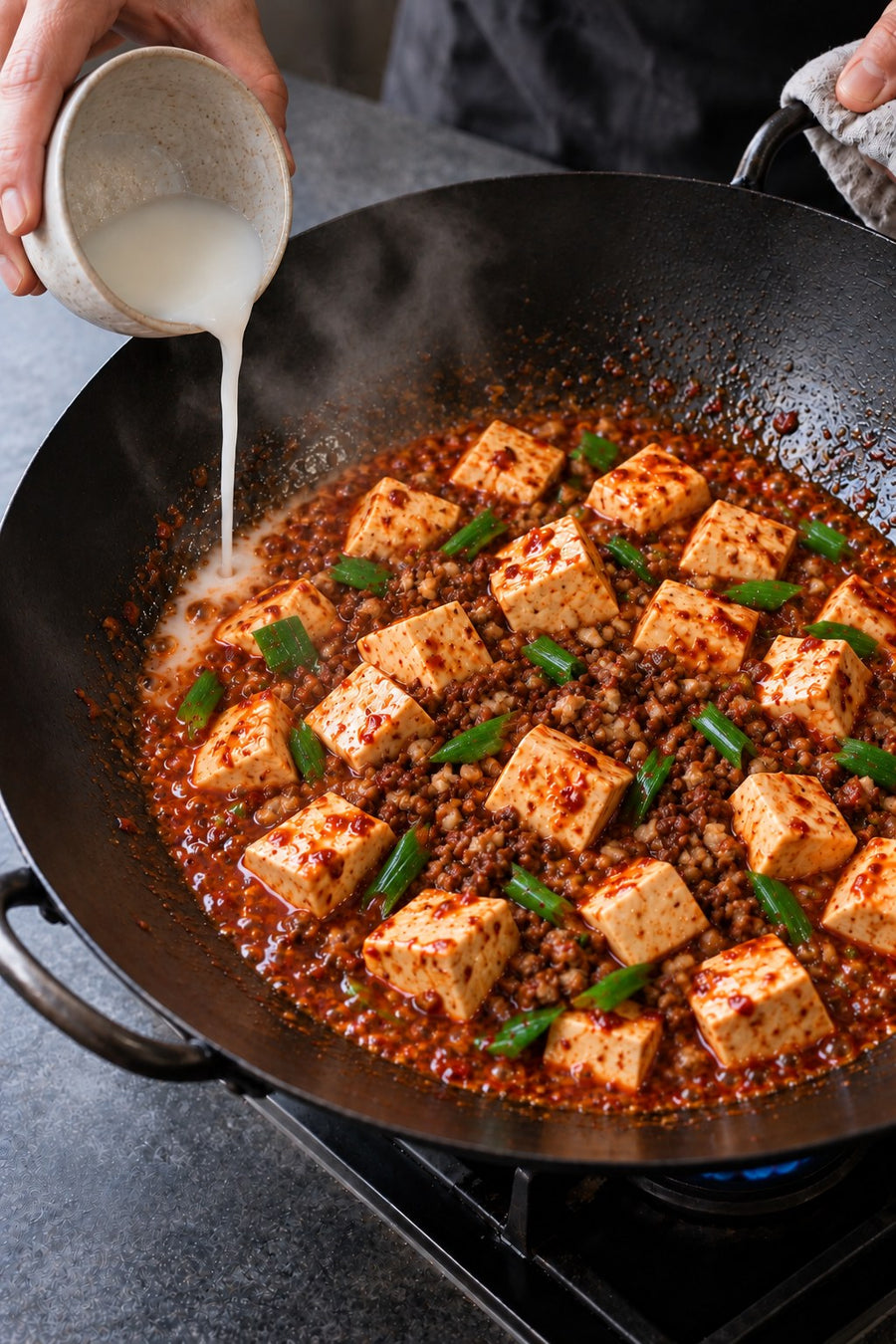 Mapo Tofu Lite, the Chengdu Way, step 8: Thicken in three stages