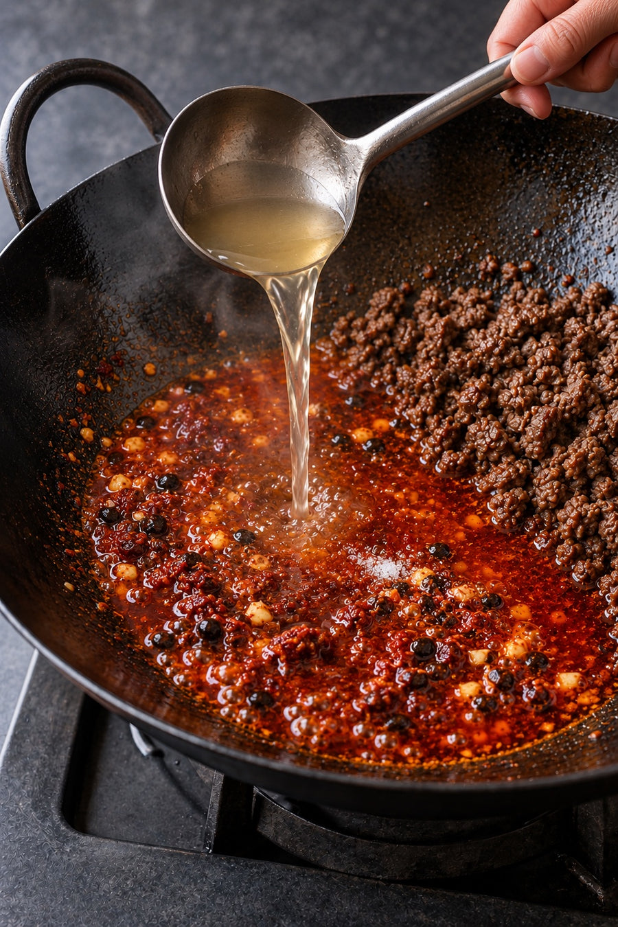 Mapo Tofu, the Chengdu Way, step 5: Add liquid and season