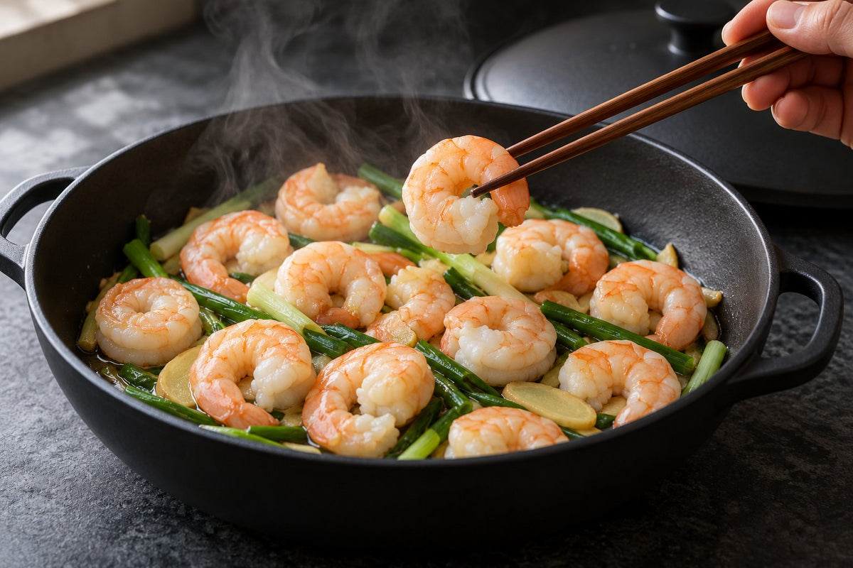 No-Water Steamed Prawns with Ginger (No Added Oil), served