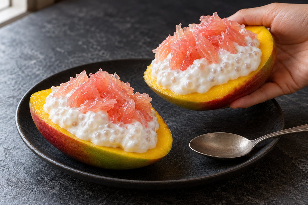 Solid Mango Pomelo Sago with Strained Yogurt, served