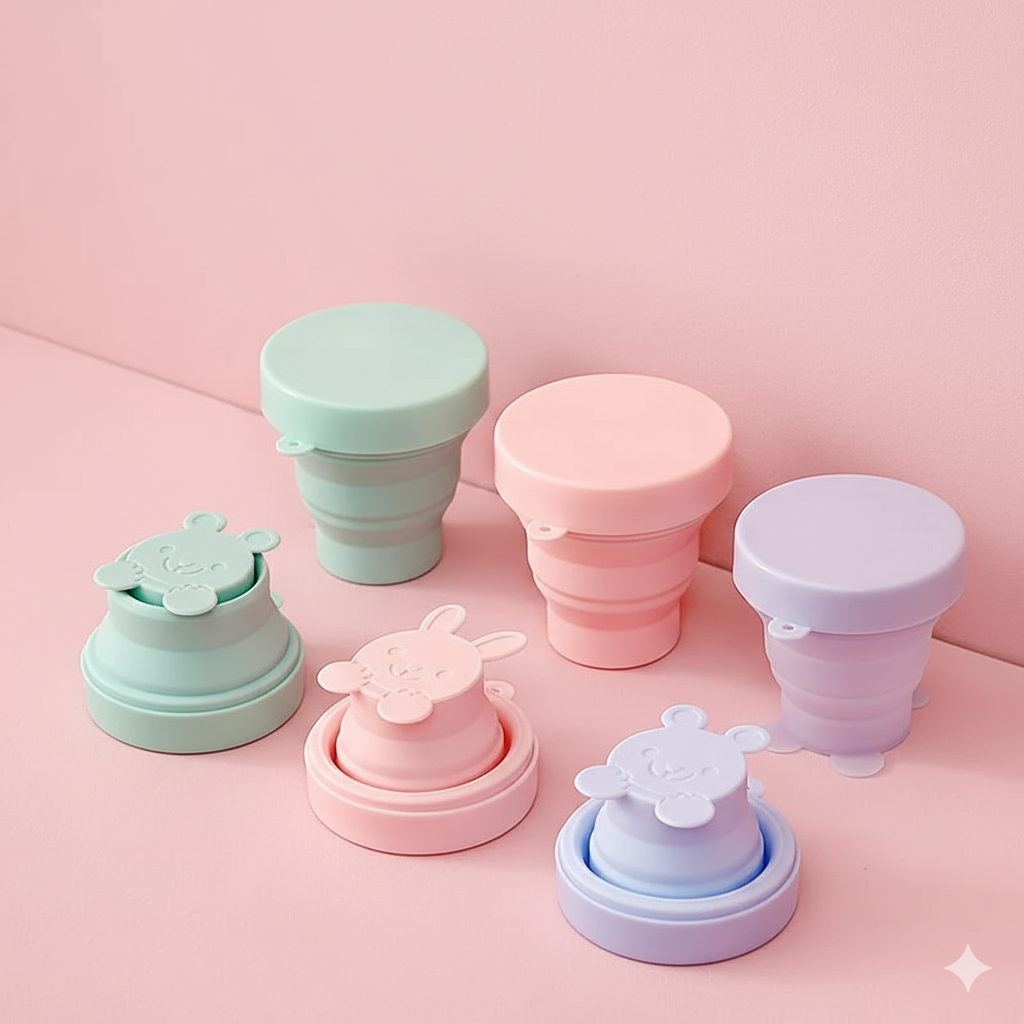 FaSoLa Collapsible Silicone Cup - Cute Bunny Design, Baby Pink, 170ml