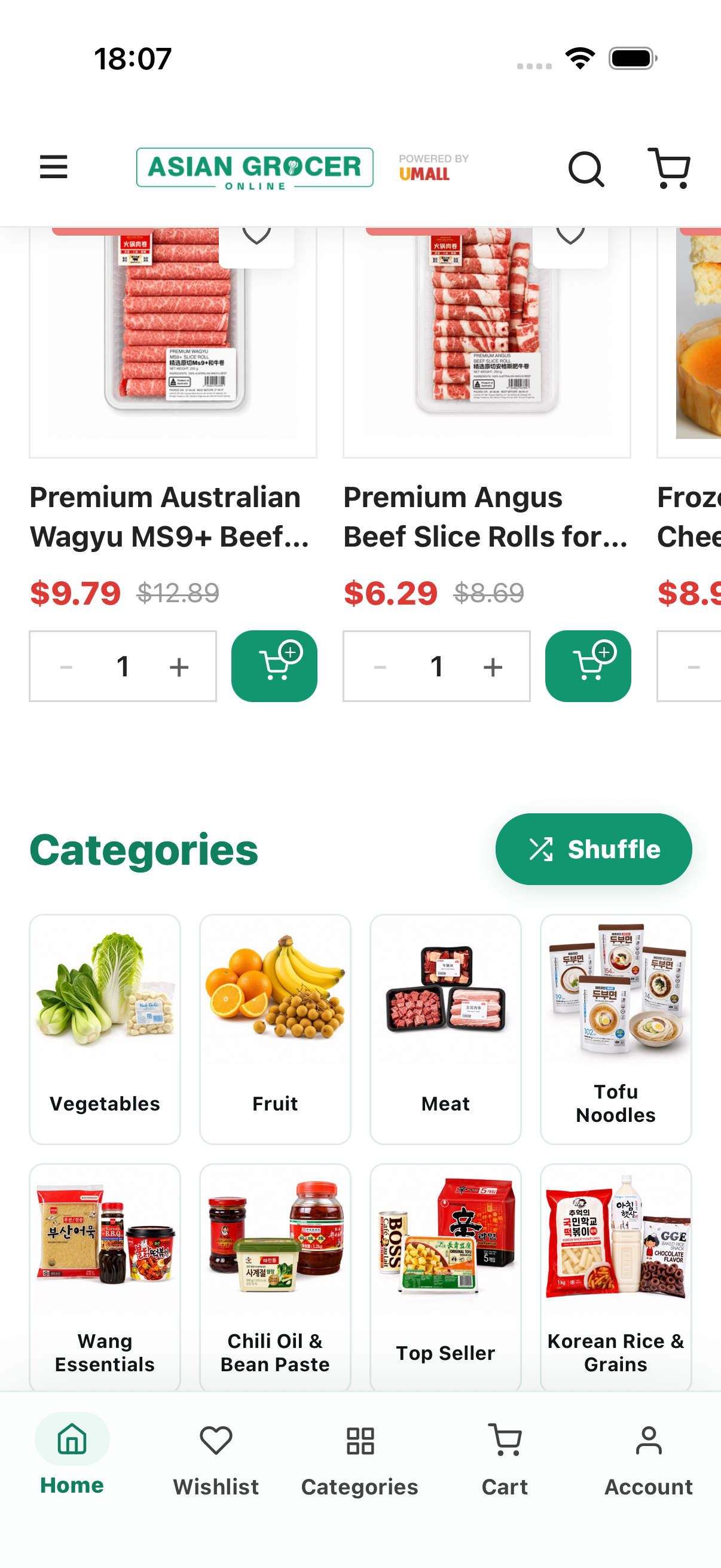 The Asian Grocer Online app showing groceries and categories